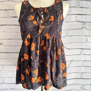 Melrose and Market Womens XS Black Orange Floral Babydoll Tank Top Modal Lace